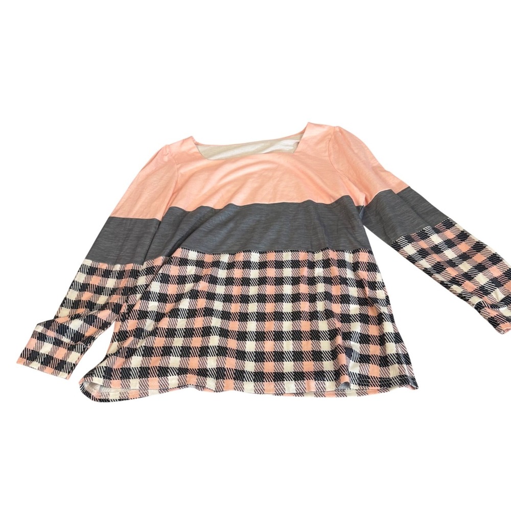 Womens Colorblock Plaid Long Sleeve Top Pink Grey Buffalo Check Scoop Neck 854